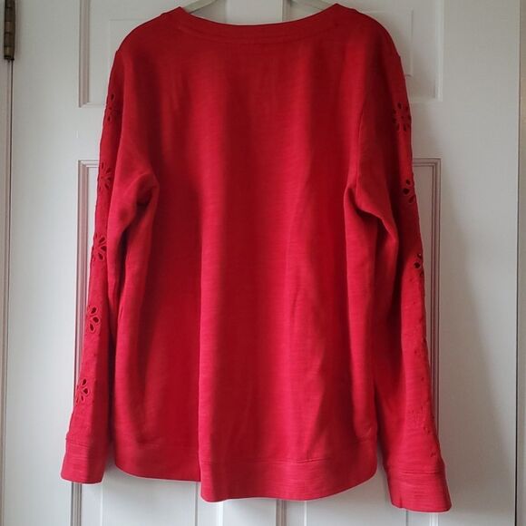 TALBOTS RED EMBROIDERED SLEEVE SWEATSHIRT CREW NECK HIGH LOW HEM COTTON lLARGE - Picture 7 of 8